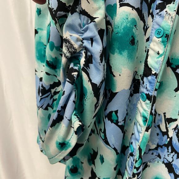 Covington Top Blouse V Neck 2 Pocket Gathered Sleeves Teal - Picture 6 of 8